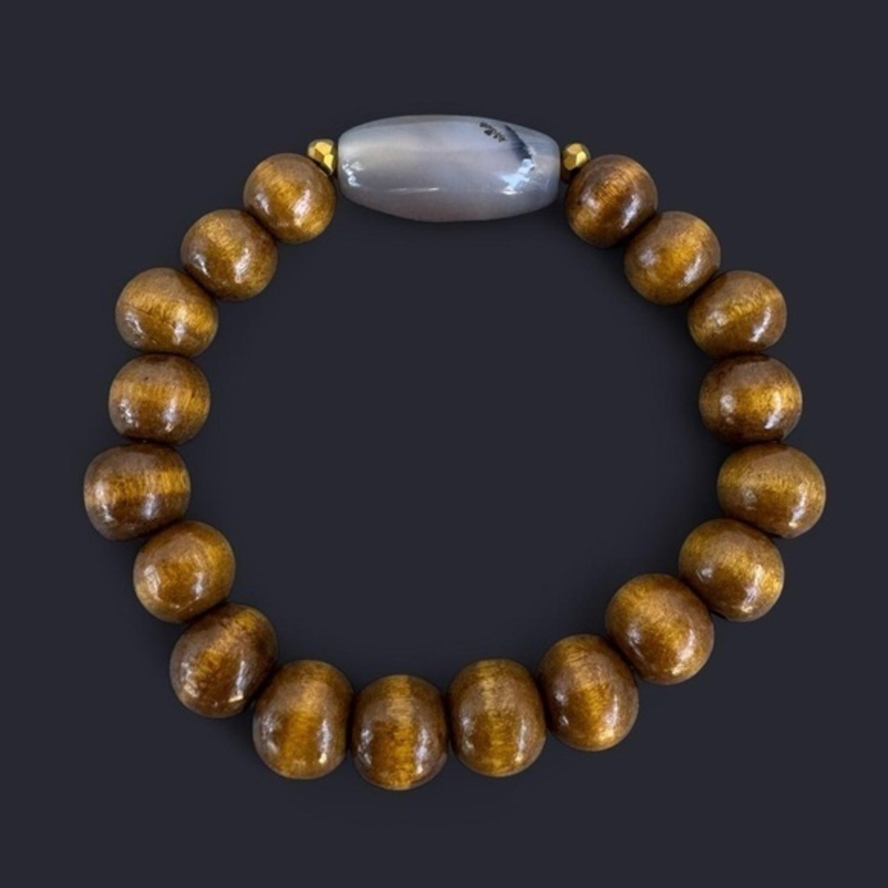 Agate Stone Wood Bead Bracelet